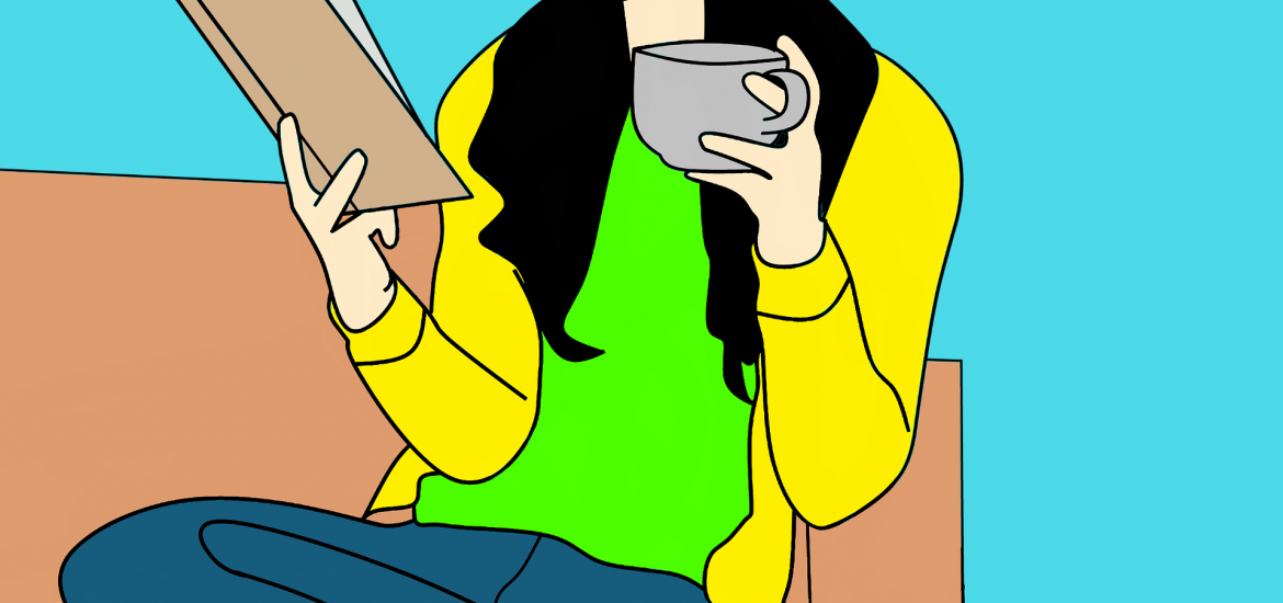Lady reading a book, sipping tea out of a mug