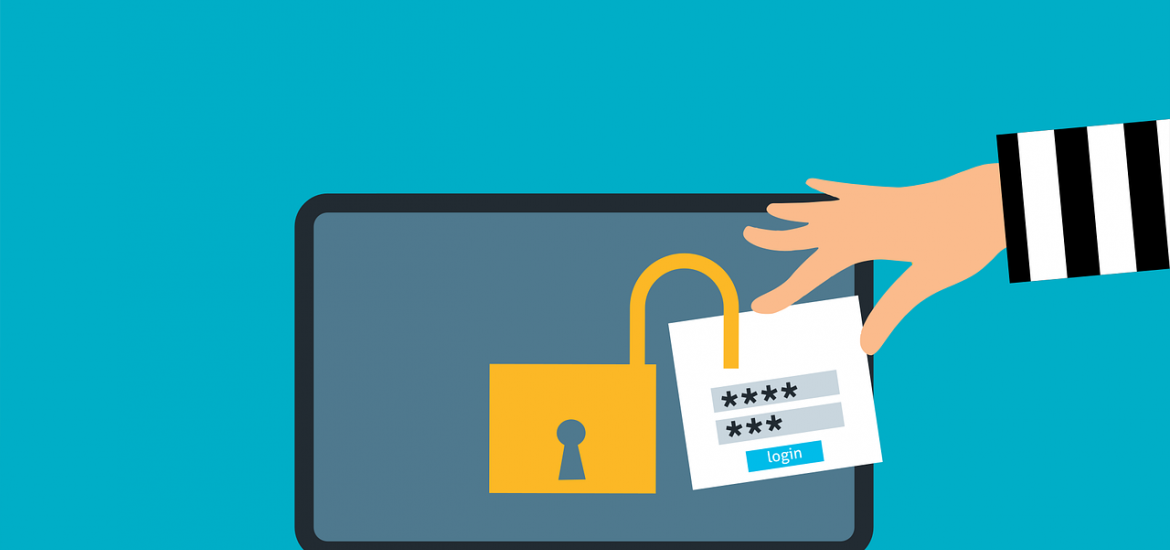 robber trying to gain access using credentials to a laptop with a padlock sitting in unlocked statuus on the screen