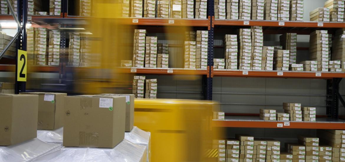 warehouse shelves with boxes on them