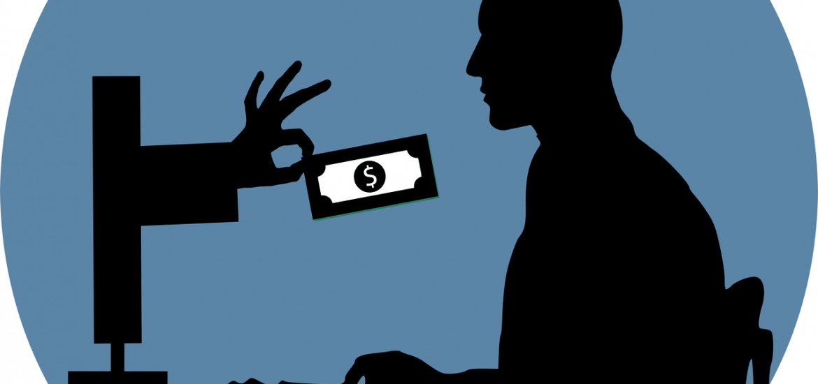 hand reaching through computer screen with money, extending toward guy sitting at computer