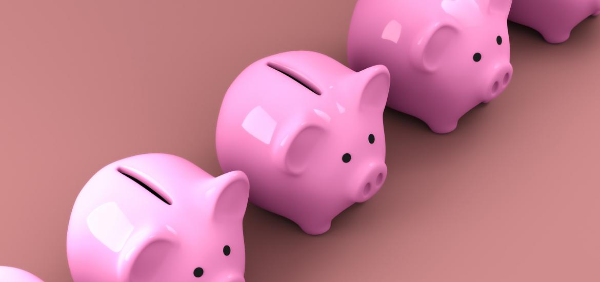 Multiple pink piggy banks in a row