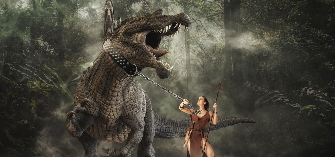 woman with a leash on a dinosaur